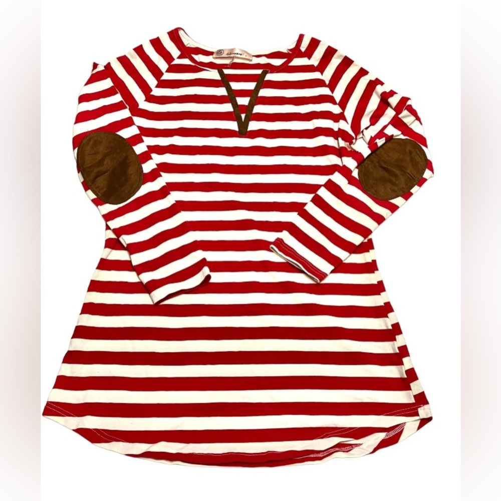 EZ Clothing Red White Striped Top Elbow Patches Size L Long Sleeve Tunic